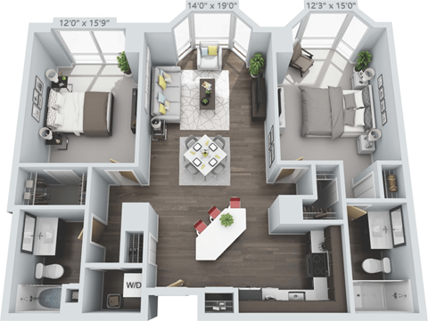 Floor plan for 2 beds, 2 baths, 1270 sqft