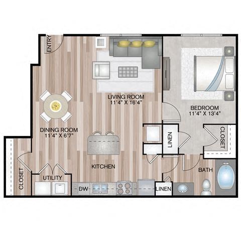 Floor plan for 1 bed, 1 bath, 888 sqft