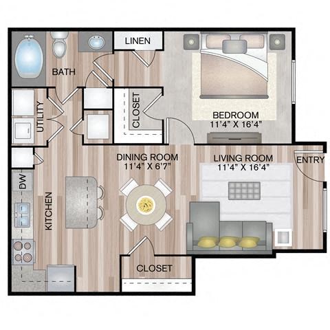 Floor plan for 1 bed, 1 bath, 773 sqft