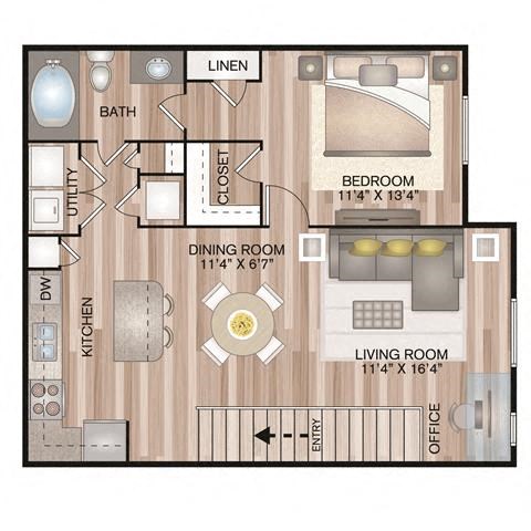 Floor plan for 1 bed, 1 bath, 798 sqft