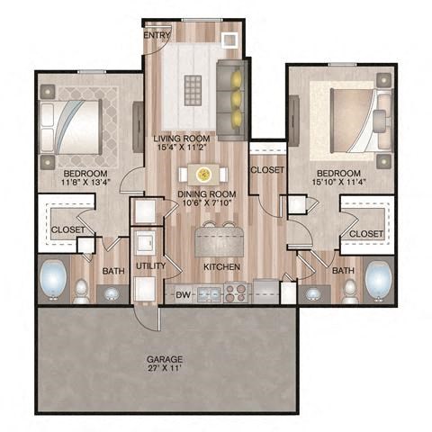 Floor plan for 2 beds, 2 baths, 1083 sqft