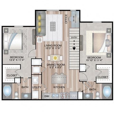 Floor plan for 2 beds, 2 baths, 1120 sqft