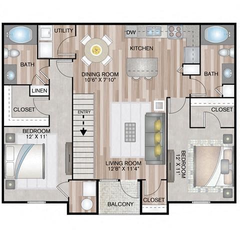 Floor plan for 2 beds, 2 baths, 1085 sqft