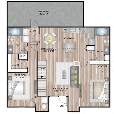 Floor plan for 2 beds, 2 baths, 1085 sqft