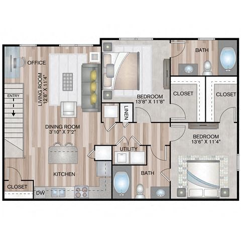 Floor plan for 2 beds, 2 baths, 1018 sqft