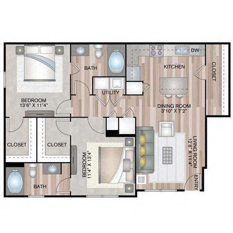 Floor plan for 2 beds, 2 baths, 972 sqft