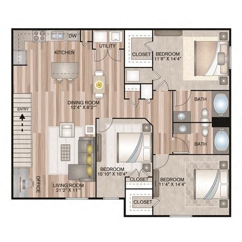 Floor plan for 3 beds, 2 baths, 1326 sqft