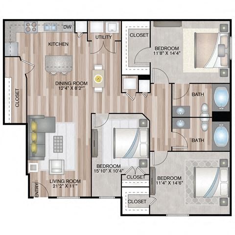 Floor plan for 3 beds, 2 baths, 1281 sqft