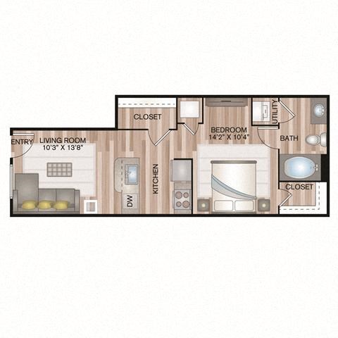 Floor plan for studio, 1 bath, 581 sqft