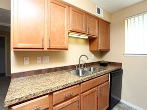 Omaha apartment for rent - a kitchen with wood cabinets and granite counter top and a sink
