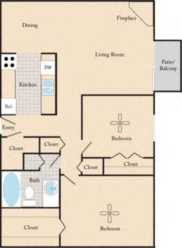 Floor plan for 2 beds, 1 bath, 850 sqft