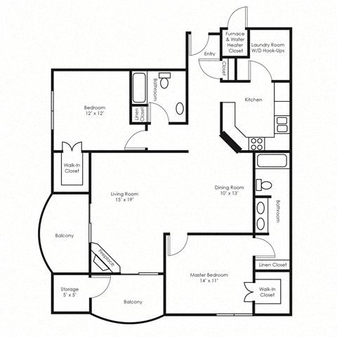 Floor plan for 2 beds, 2 baths, 1556 sqft