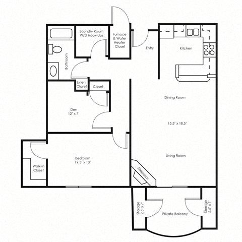 Floor plan for 1 bed, 1 bath, 1120 sqft