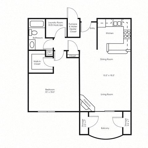 Floor plan for 1 bed, 1 bath, 1088 sqft