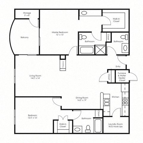 Floor plan for 2 beds, 2.5 baths, 1613 sqft