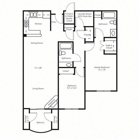 Floor plan for 2 beds, 2 baths, 1389 sqft