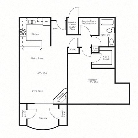 Floor plan for 1 bed, 1 bath, 1088 sqft