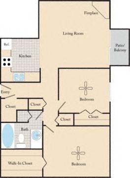Floor plan for 2 beds, 1 bath, 800 sqft