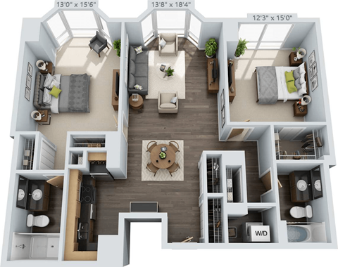 Floor plan for 2 beds, 2 baths, 1285 sqft