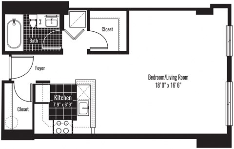 Floor plan for studio, 1 bath, 530 sqft