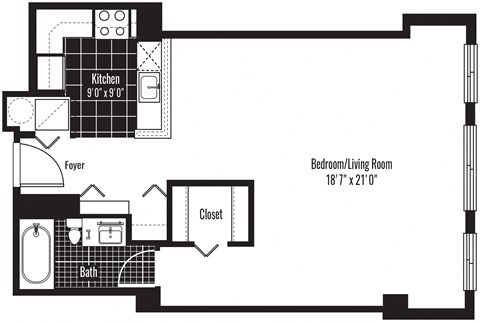 Floor plan for studio, 1 bath, 610 sqft