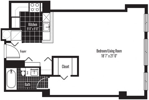 Floor plan for studio, 1 bath, 610 sqft