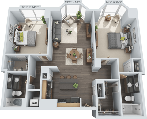 Floor plan for 2 beds, 2 baths, 1300 sqft