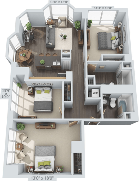 Floor plan for 3 beds, 2 baths, 1350 sqft