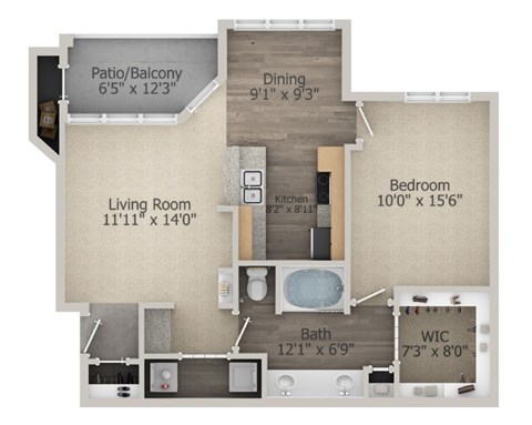 Floor plan for 1 bed, 1 bath, 805 sqft