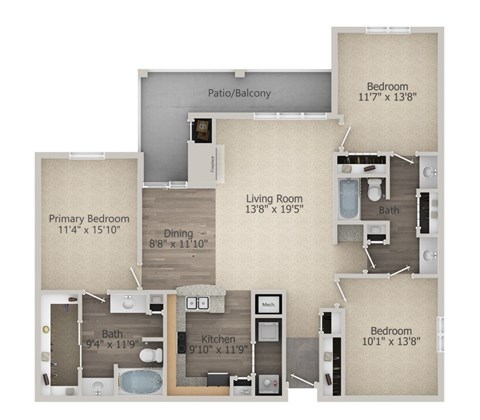Floor plan for 3 beds, 2 baths, 1487 sqft
