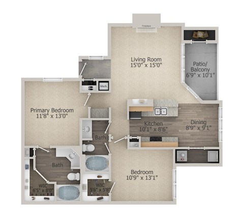Floor plan for 2 beds, 2 baths, 1160 sqft