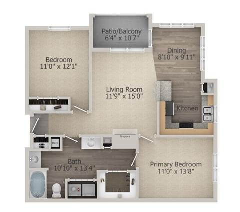 Floor plan for 2 beds, 1 bath, 978 sqft