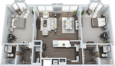Floor plan for 2 beds, 2.5 baths, 1680 sqft