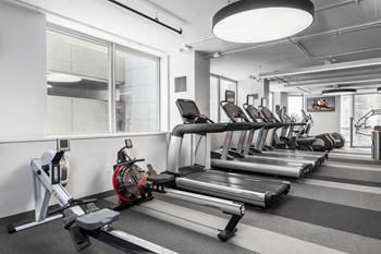 A gym with treadmills, elliptical machines, and a rowing machine.