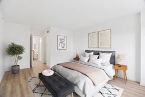 Philadelphia apartment for rent - A bedroom with a large bed and a small tree.