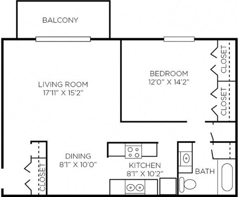 Floor plan for 1 bed, 1 bath, 850 sqft