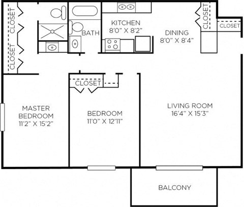 Floor plan for 2 beds, 2 baths, 1075 sqft