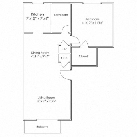 Floor plan for 1 bed, 1 bath, 700 sqft