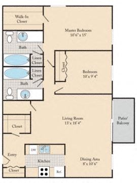 Floor plan for 2 beds, 2 baths, 1032 sqft