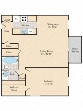 Floor plan for 1 bed, 1 bath, 800 sqft