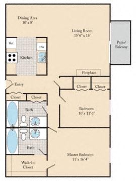 Floor plan for 2 beds, 2 baths, 1098 sqft