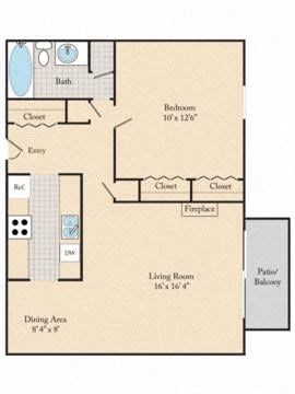 Floor plan for 1 bed, 1 bath, 740 sqft