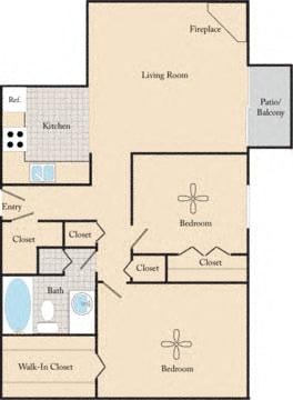 Floor plan for 2 beds, 1 bath, 850 sqft