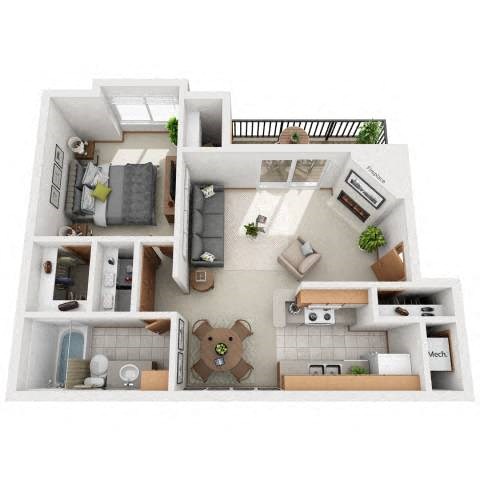 Floor plan for 1 bed, 1 bath, 736 sqft
