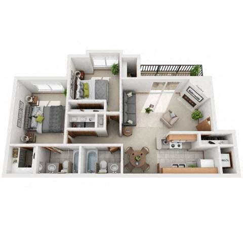Floor plan for 2 beds, 2 baths, 953 sqft