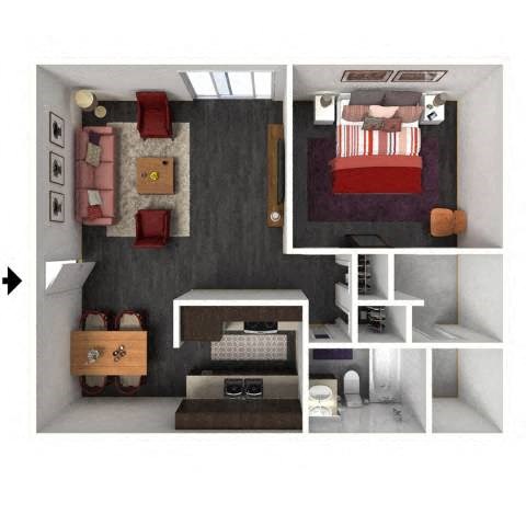 Floor plan for 1 bed, 1 bath, 663 sqft