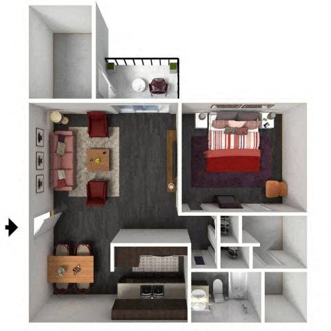 Floor plan for 1 bed, 1 bath, 718 sqft