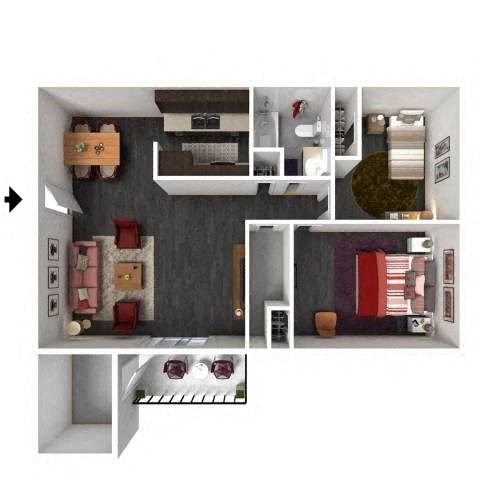Floor plan for 2 beds, 1 bath, 1002 sqft