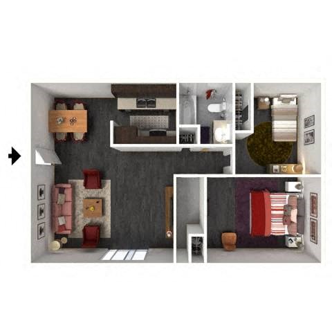 Floor plan for 2 beds, 1 bath, 947 sqft