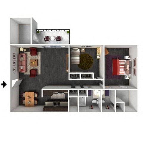 Floor plan for 2 beds, 2 baths, 1049 sqft